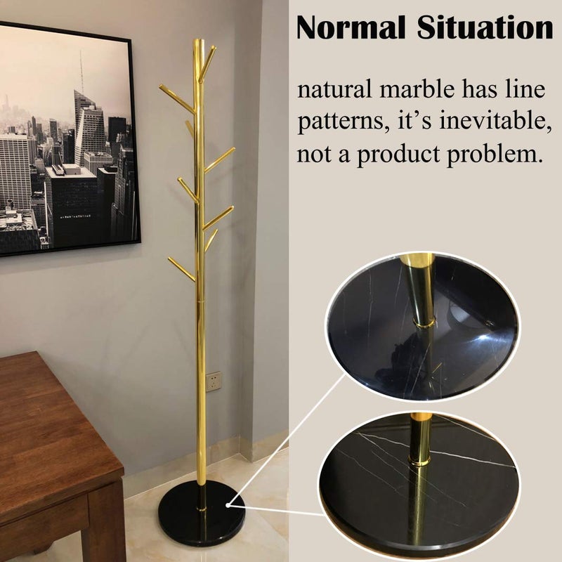 Jolitac Metal Coat Rack Stand Golden Satin Steel Finish Stable Marble Base, High-Grade with Hooks Metal Tree Hat & Coat Hanger Floor Free Standing Wall Bedroom Easy Assembly (Golden) - Image 4